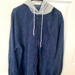 Blue Tumblr Hoodie Corduroy Front Pocket Button Down Plain Long Sleeve Shirt